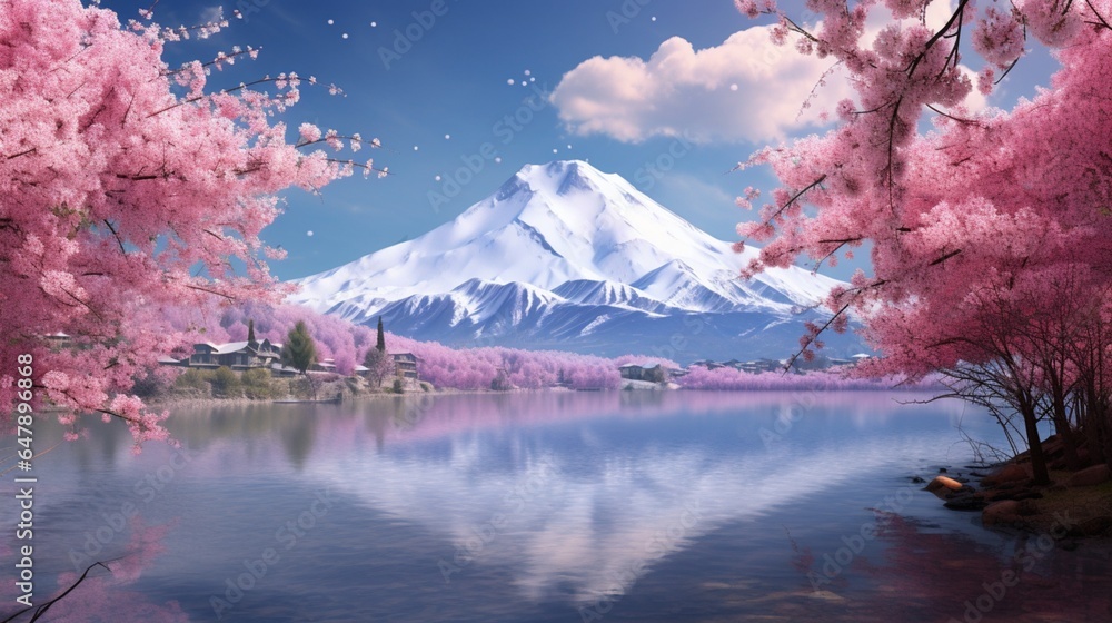 A row of cherry trees, their blossoms in full bloom, grace the riverside, casting a rosy hue upon the ground, with a snow-capped mountain in the distance.