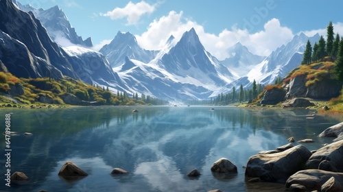 A serene mountain lake, surrounded by rugged peaks, captures the essence of solitude.
