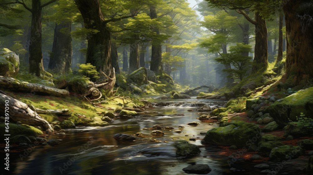 A tranquil forest clearing, where ancient trees whisper secrets to the tranquil stream below.