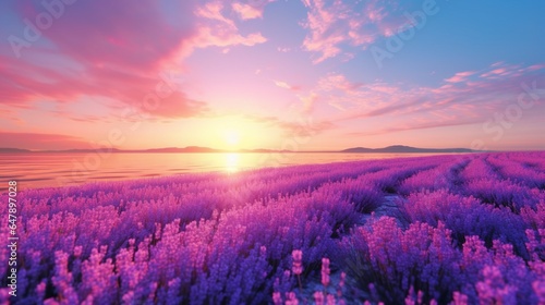 A tranquil field of lavender  stretching to the horizon  a sea of purple under a pastel sky.