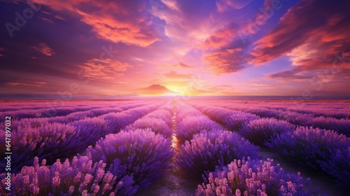 A tranquil field of lavender, stretching to the horizon, a sea of purple under a pastel sky.