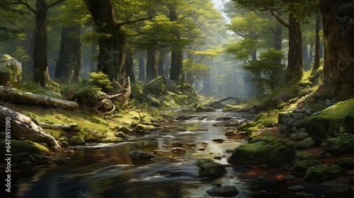 A tranquil forest clearing  where ancient trees whisper secrets to the tranquil stream below.