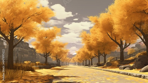 Craft an AI masterpiece of Ginkgo Avenue in the fall, with ginkgo trees donning a regal bronze attire along 