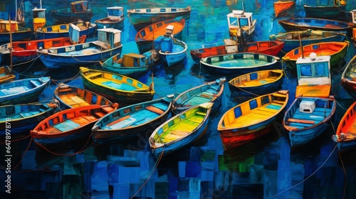 fishing boats in a coastal village, their vibrant colors and intricate designs adding to the village's charm.