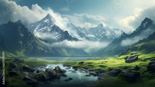 Majestic mountains shrouded in mist, their peaks piercing the heavens, a tranquil sanctuary beneath.