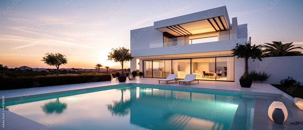 Fototapeta premium Modern minimalist cubic mansion with swimming pool at sunset