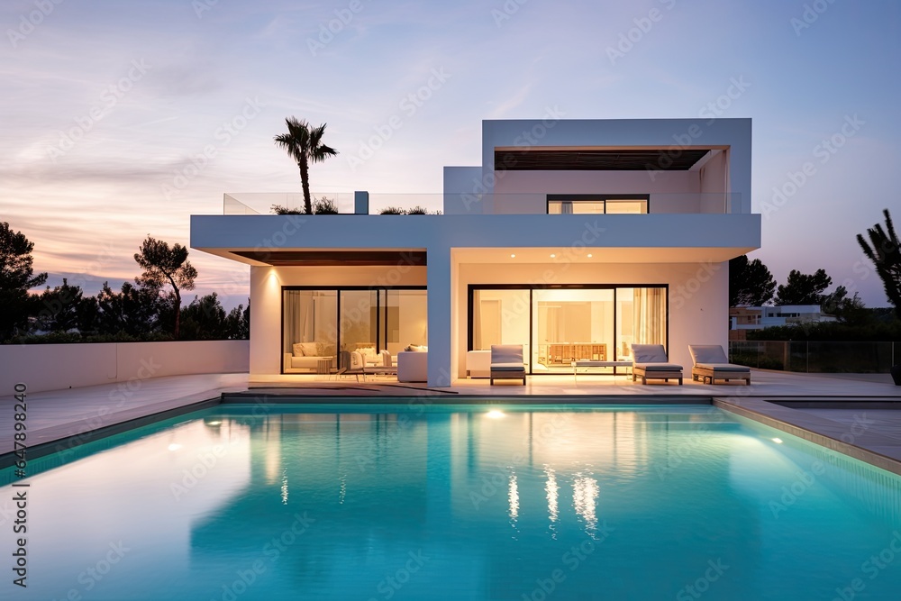 Modern minimalist cubic mansion with swimming pool at sunset
