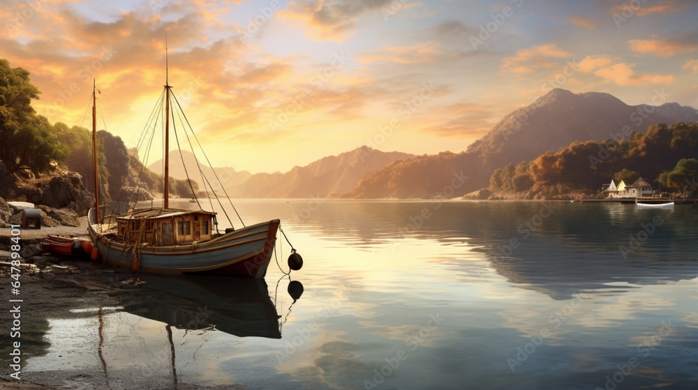 traditional fishing boats anchored in a serene island bay, with the soft hues of dawn gently illuminating the picturesque setting.