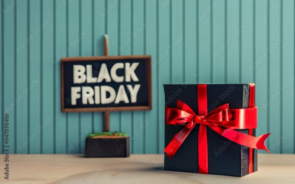 Fototapeta premium Black gift box with a red bow and next to a sign saying 