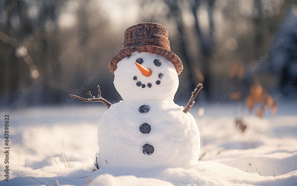 Obraz premium Happy snowman in winter secenery. Generative AI