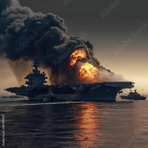 Inferno at Sea: The Aircraft Carrier Braving the Fury of Battle.generative ai