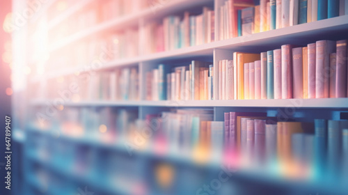 Abstract background with books on the shelves in the library with soft pastel multicolored light