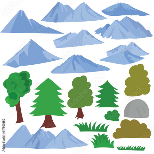 set of popular landcape blue mountain element. invitation templates. hand drawn watercolor set of mountains and trees isolated on white. Natural, ecological, touristic