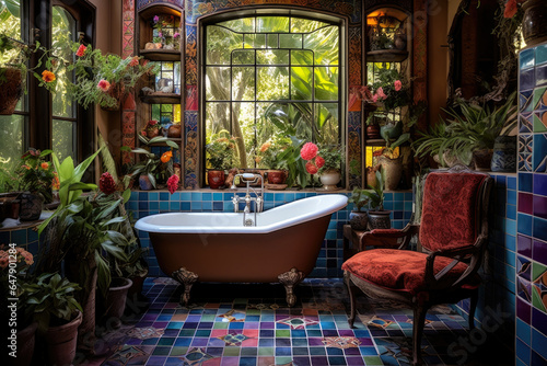 Vibrant Oasis  Step into a Bohemian Bathroom Adorned with Colorful Tiles and Eclectic Decor