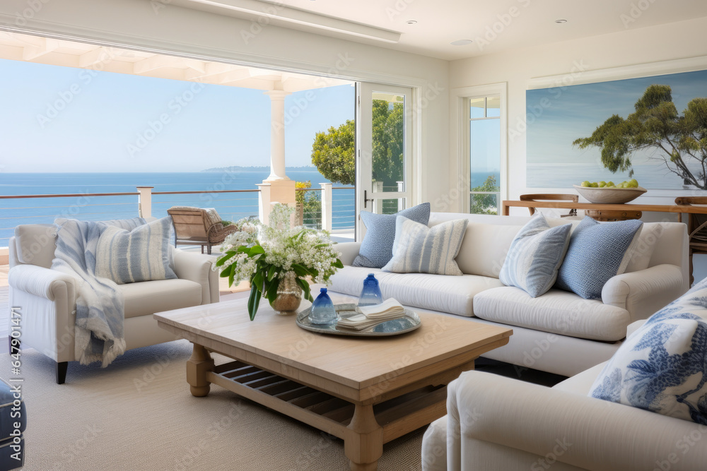A Serene Coastal Retreat: An Airy and Inviting Living Room with Breathtaking Ocean Views