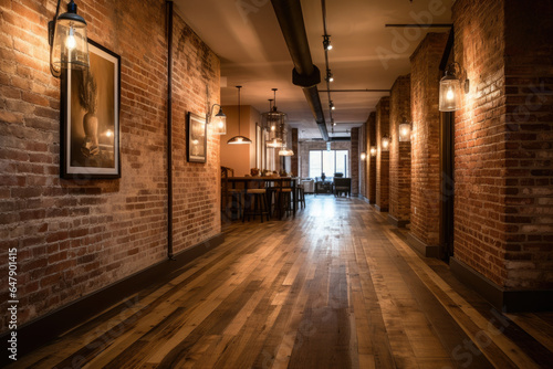 Elegant Industrial Chic Style Hallway Interior with Exposed Brick Walls, Vintage Lighting, and Rustic Wooden Flooring