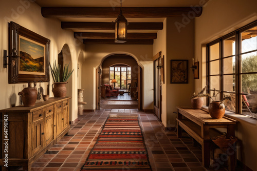 A Vibrant Southwestern Style Hallway Interior with Rustic Charm and Cultural Accents