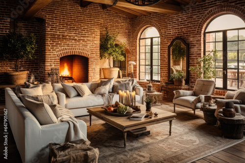 Cozy Rustic Living Room Interior with Exposed Brick Walls  Wood Beam Ceiling  Vintage Furniture  and Warm Earth Tones