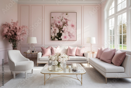 A Cozy and Elegant Living Room Interior in Delicate Shades of Pink and White, Adorned with Modern Furniture and Artistic Decor