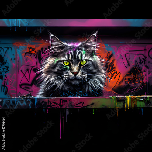 Un chat rebelle perché devant un mur de graffitis aux couleurs vibrantes, illustration