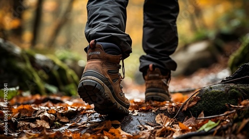 Leaves crunching beneath boots on a hike
