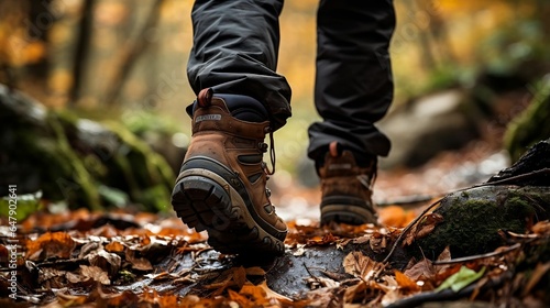 Leaves crunching beneath boots on a hike 