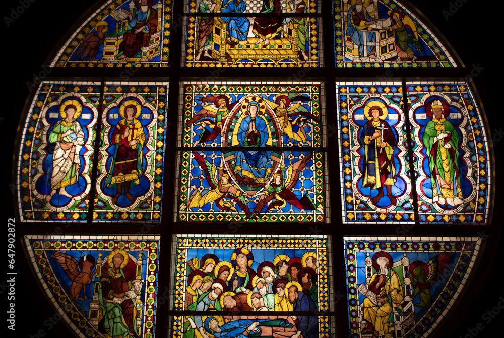 historical stained glass window in church