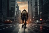 Back view cyclist navigating through a bustling cityscape, with towering skyscrapers and busy streets, photography, Generative Ai 