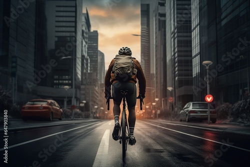 Back view cyclist navigating through a bustling cityscape, with towering skyscrapers and busy streets, photography, Generative Ai  © Amir