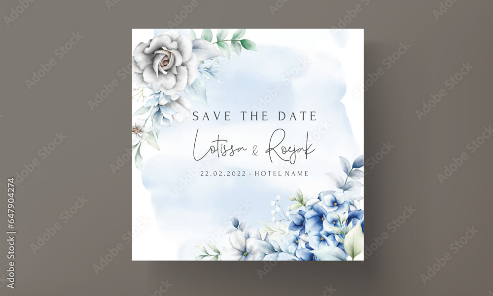 wedding invitation card with blue and grey floral