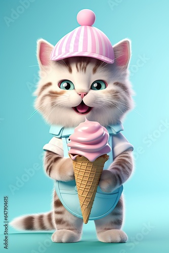 Cute cat with ice cream on blue background 3D rendering,Generative Ai photo