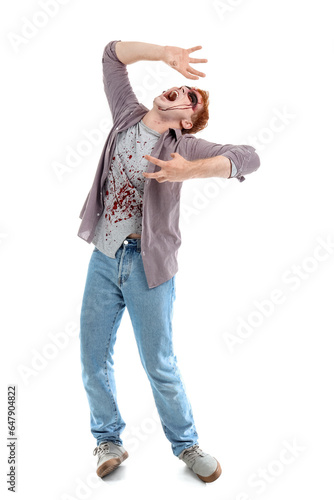 Scary zombie man on white b...