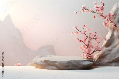 Japanese style architect stone podium cosmetics with Sakura flower a branch background  For branding and product display presentation  3d Empty minimal stage identity and packaging design  ai generate