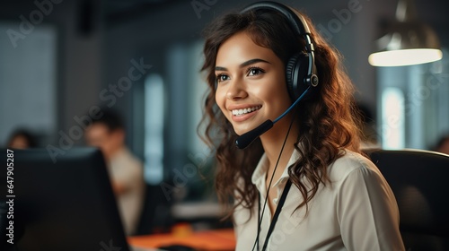 Happy smiling woman working call center, wearing headphone sitting at office