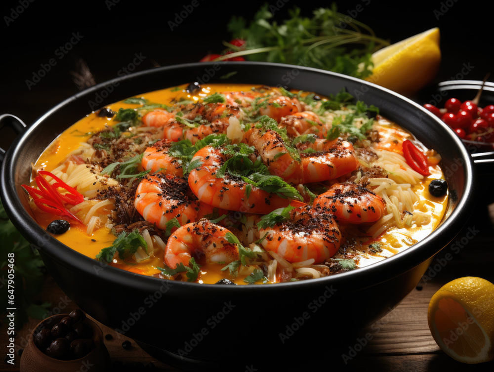 a pot of stew with shrimp on it, in the style of light orange and dark gold, ai generated.