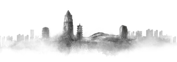 Fotobehang Aquarelschilderij wolkenkrabber  Bezienswaardigheden van Zibo in illustratie  © 心灵艺坊