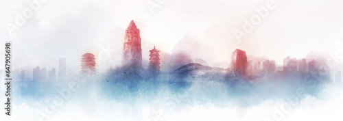 Background illustration of landmark buildings in Zibo photo