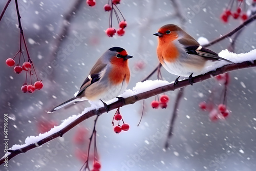 beautiful birds taking shelter during snowfall photography style Made with Generative AI © Dicky