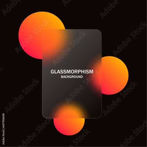 glassmorphism background banner with transparent glass frame template . Realistic Frosted glass morphism effect with blurred abstract gradient orange circle shapes. Vector illustration