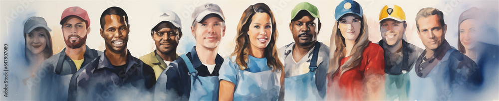 Watercolor Painting, Diverse Group of Blue Collar Men and Women Wearing Work Clothes, Generative AI Watercolor Painting, Diverse Group of Blue Collar Men and Women Wearing Work Clothes, Generative AI