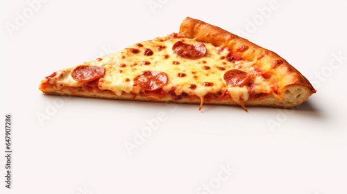 Craft an enticing pizza slice with impeccable detail, set against an all-white background.