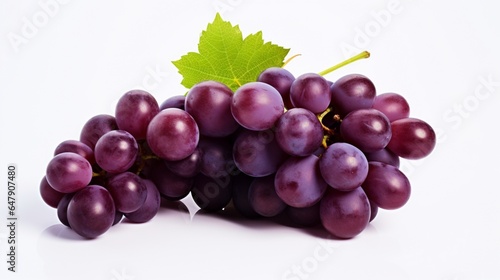 Craft an image showcasing the intricate details of a bunch of purple grapes on an isolated white backdrop.