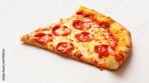 Craft an irresistible pizza slice that's almost too perfect to eat, against a pure white solid background.