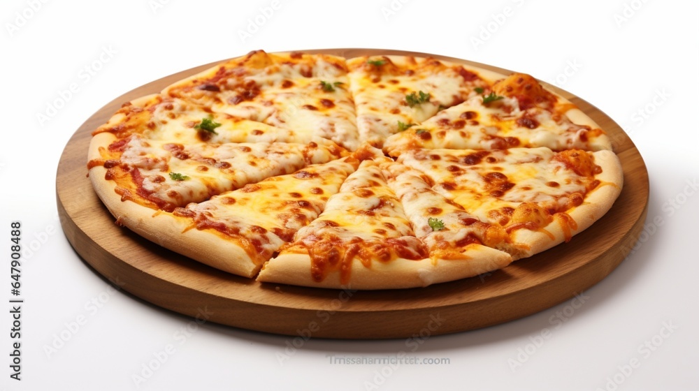 Create a stunning visual of a quattro formaggi pizza, highlighting its cheesy goodness on solid white isolated background