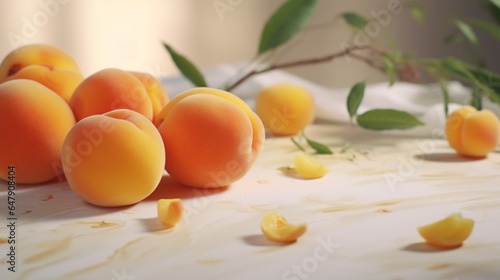 Create a picturesque scene of a ripe, golden apricot, its soft skin and delectable appearance illuminated on a blank white canvas.