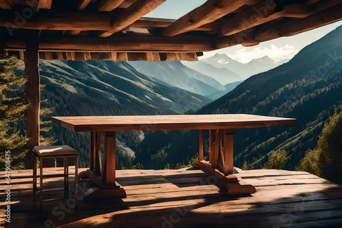A wooden tabletop with a mountainous backdrop