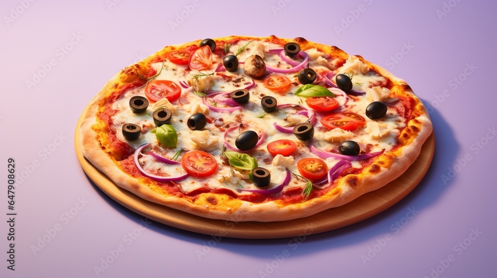Create an appetizing picture of a Mediterranean pizza, free from any extraneous elements on solid white isolated background