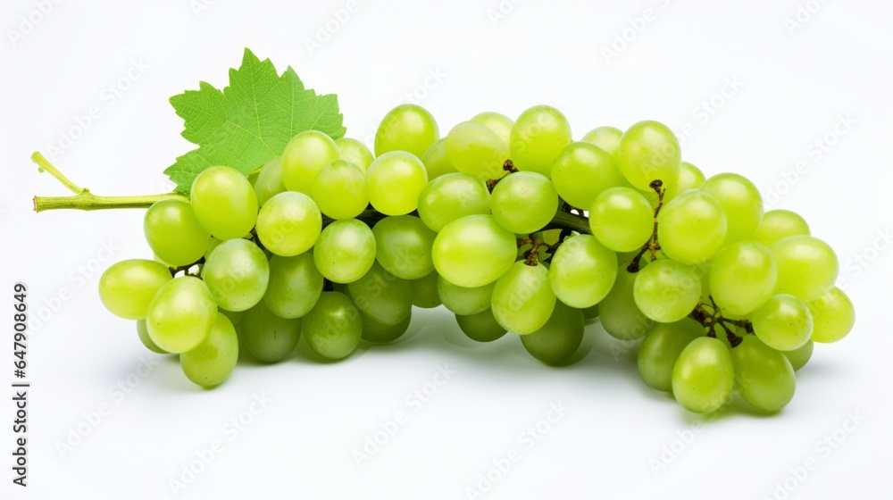 Create an elegant picture of a cluster of green grapes on an isolated white background.