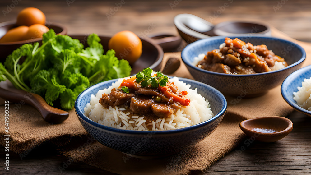 close up of stewed pork over cooked rice in Taiwan close up of stewed pork over cooked rice in Taiwan