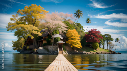 Tropical island with nice colorful tree in the island photo